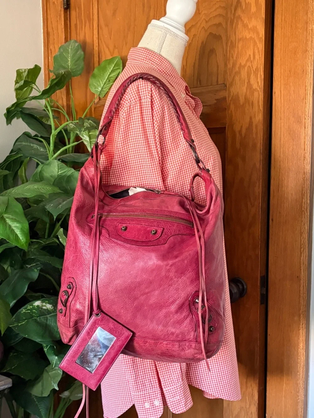 Balenciaga 06 Red Grenat Lambskin Leather Classic Day Hobo Handbag Purse Mirror